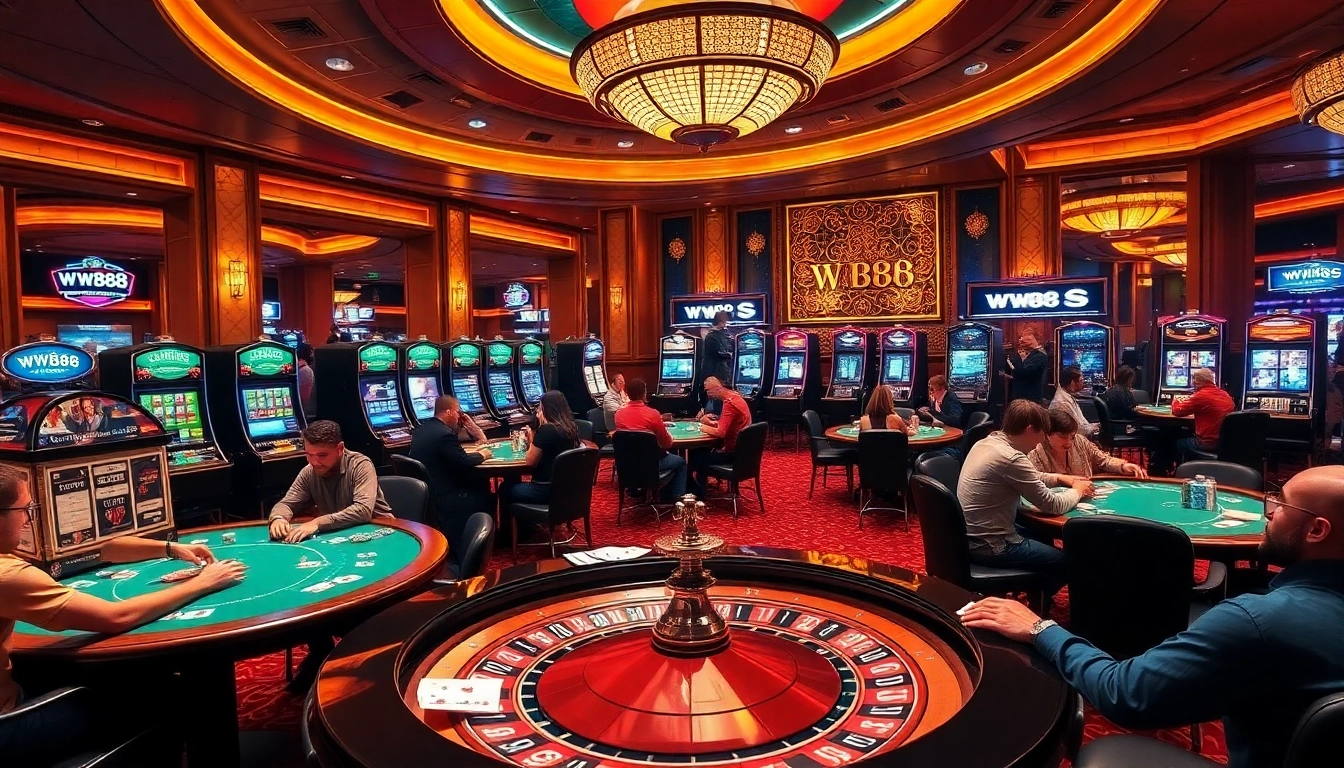 ww88 players enjoying a vibrant casino atmosphere with poker games and slot machines.