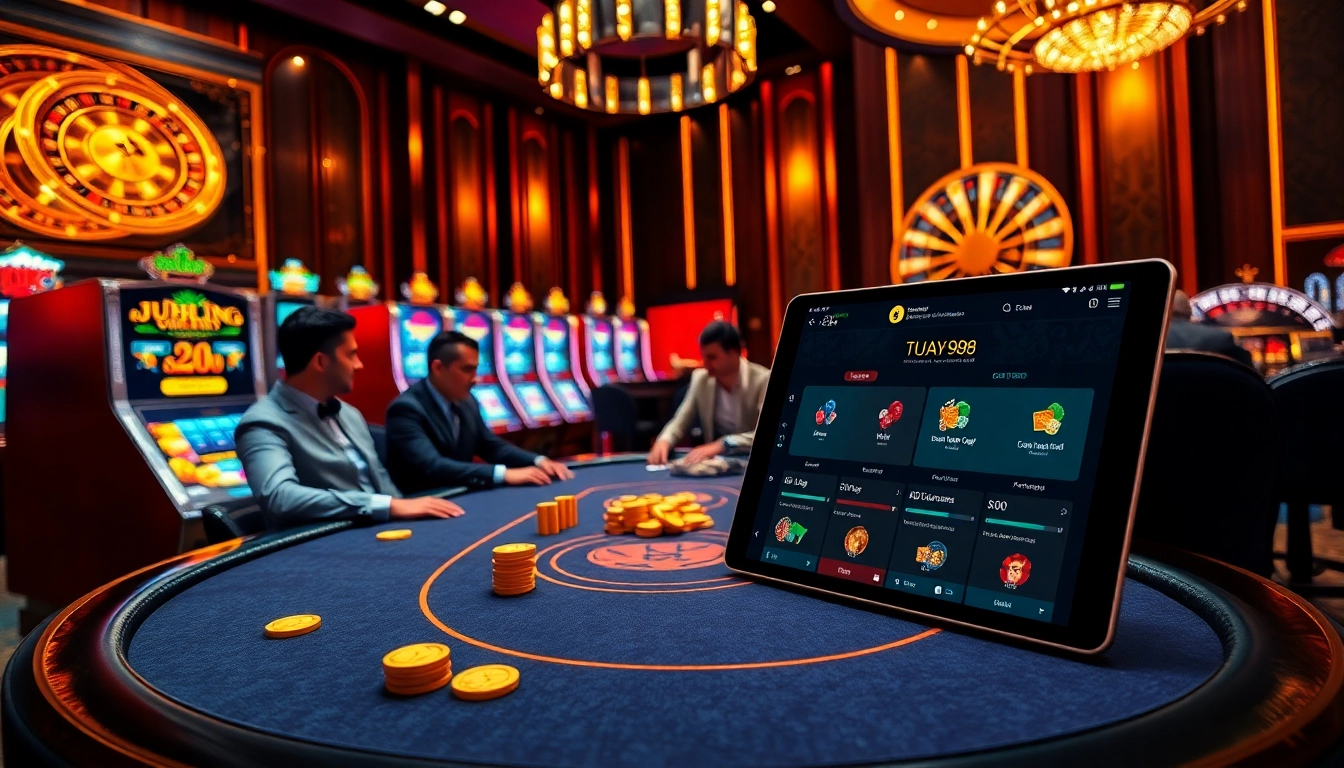 Experience the thrill of gambling with vua99 nhà cái uy tín, featuring a luxurious poker table and slot machines.