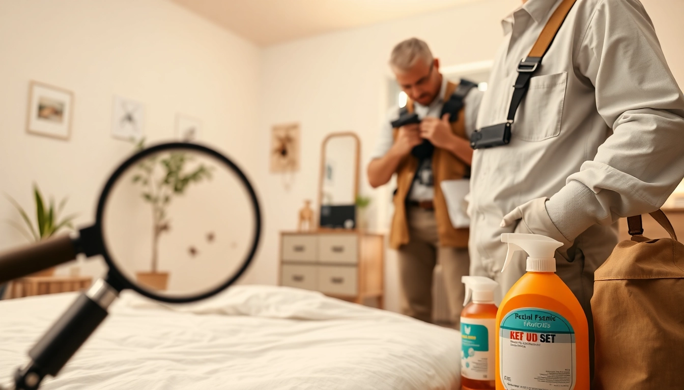 Technician executing bed bug pest control measures in a residential room, showcasing expertise.