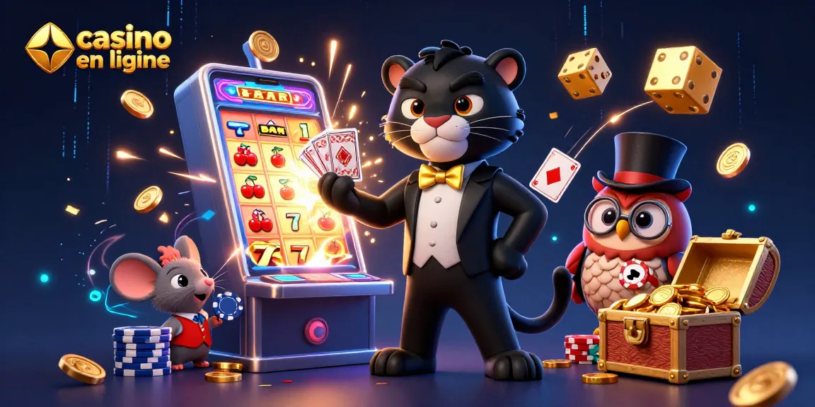 Jouer au casino en ligne avec une panthère élégante, un hibou et une souris porte-chance.