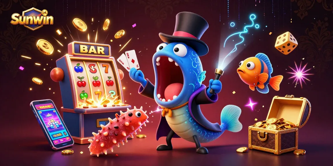 Sunwin casino scene featuring a cartoon eel performing card tricks surrounded by vibrant gaming elements.