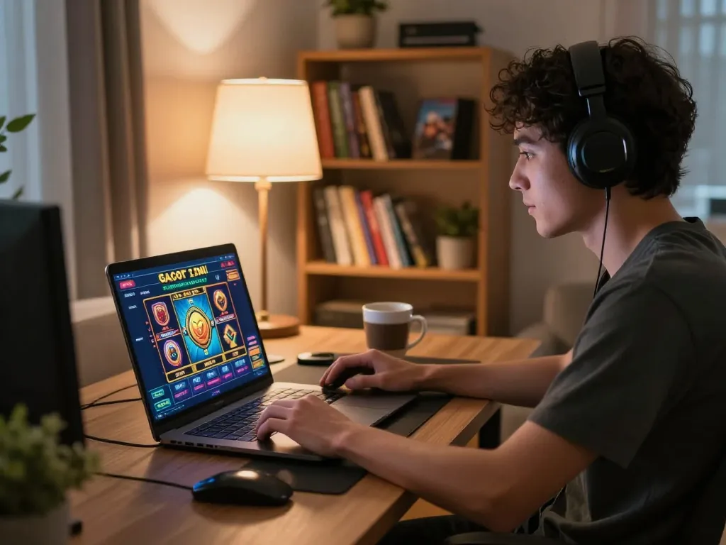 Engaged player enjoying slot gacor saat ini on a laptop in a cozy home setting, showcasing responsible gaming.