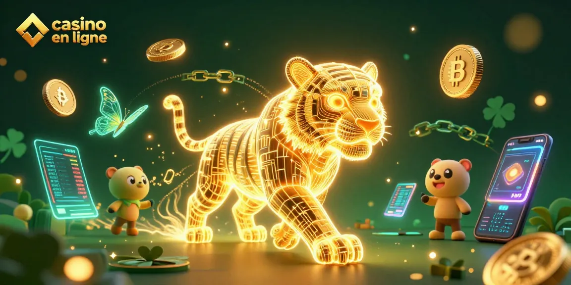 Une illustration 3D captivante de "casino en ligne" avec un tigre doré numérique entouré de pièces de crypto-monnaie et d'effets lumineux.