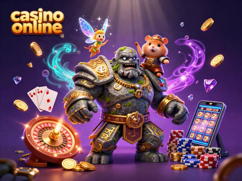 Juego emocionante de casino online con golem y hada en medio de monedas y cartas.