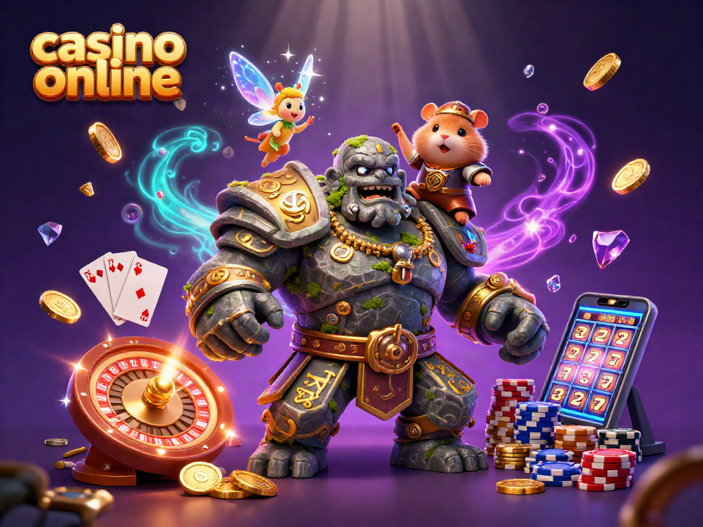Juego emocionante de casino online con golem y hada en medio de monedas y cartas.