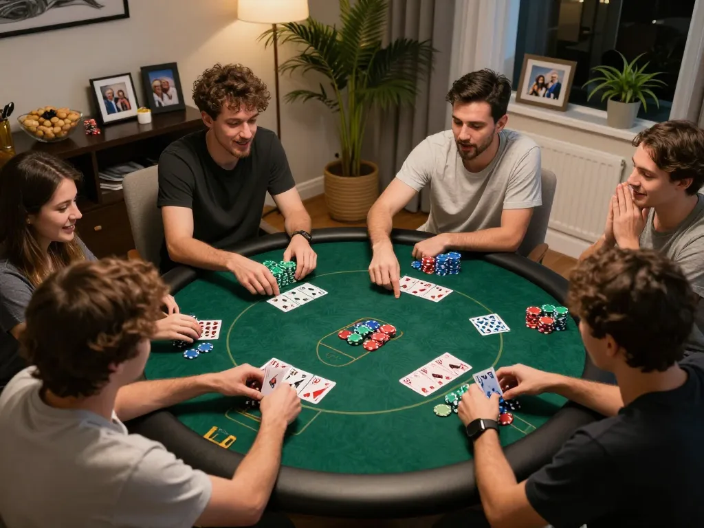 Friends enjoying a lively poker game at home, showcasing strategy and excitement with 888top.