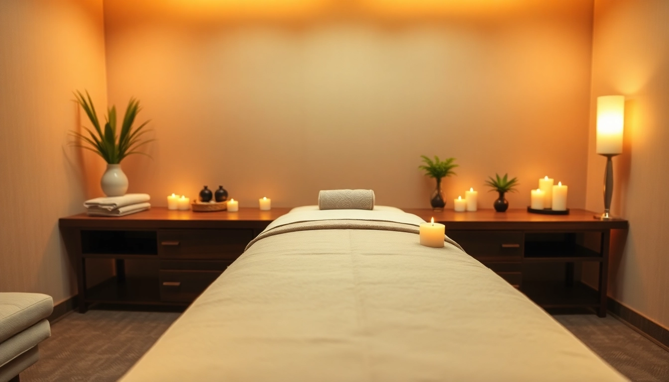 Serene 출장마사지 setting with soft lighting and inviting decor, showcasing relaxation.
