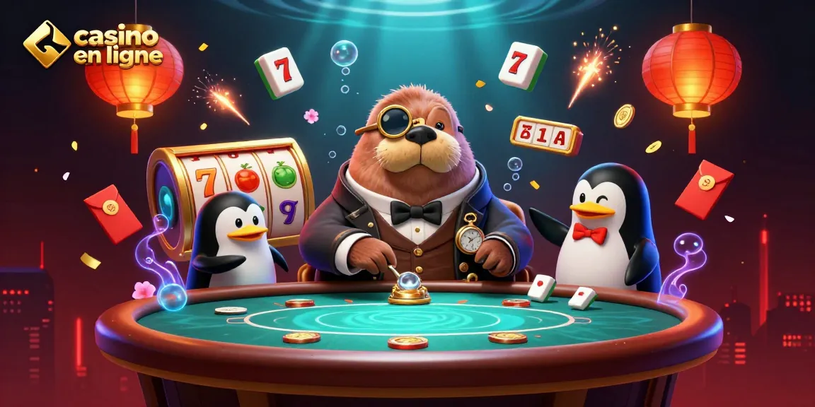 Jouer au casino en ligne avec les meilleurs jeux, illustré par un morse et un poisson-globe.