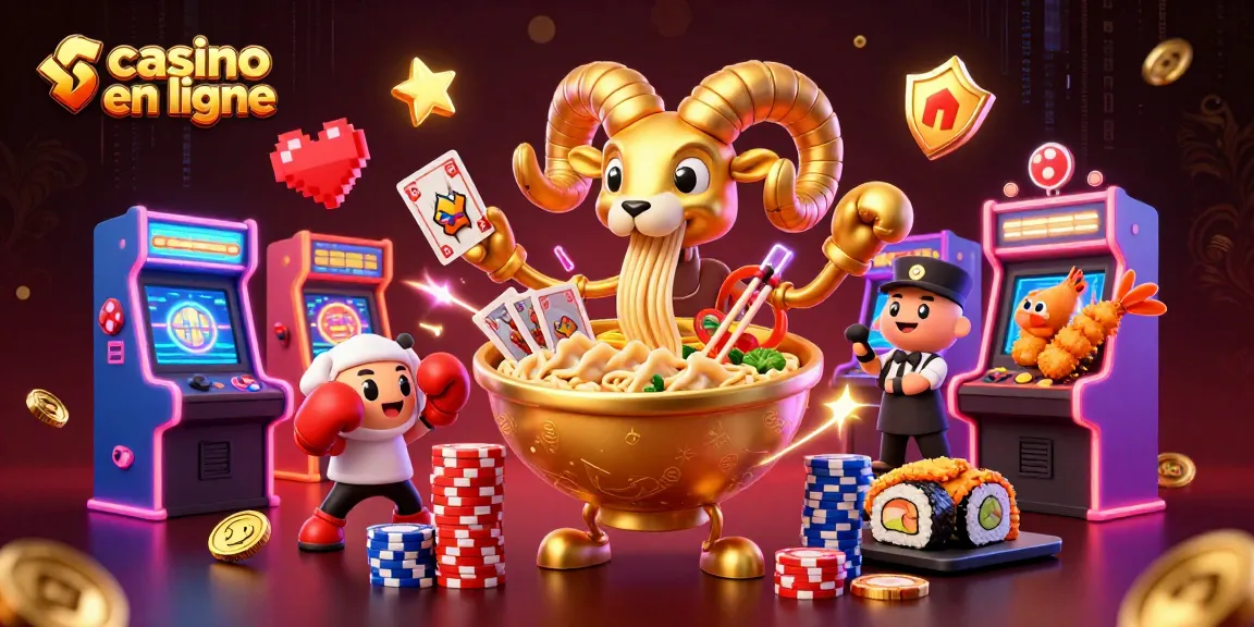 Illustration animée d'un casino en ligne avec un bol de ramen géant jouant des cartes.