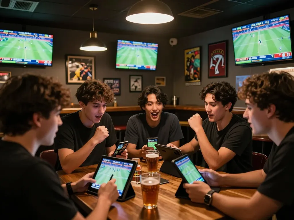 Engaged bettors using SIGAPBET app while cheering at live sports in a vibrant bar atmosphere.