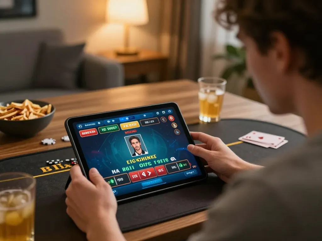 Player enjoying LC88 live dealer blackjack game on tablet in cozy home setup.