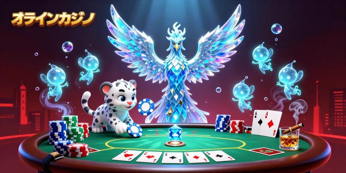 オンラインカジノでクリスタルの翼を広げる氷のフェニックスがゲームを楽しむシーン