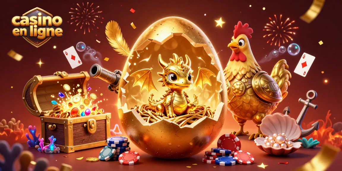 Image illustrant le casino en ligne avec un œuf en or, un dragon doré, et des jetons de poker.