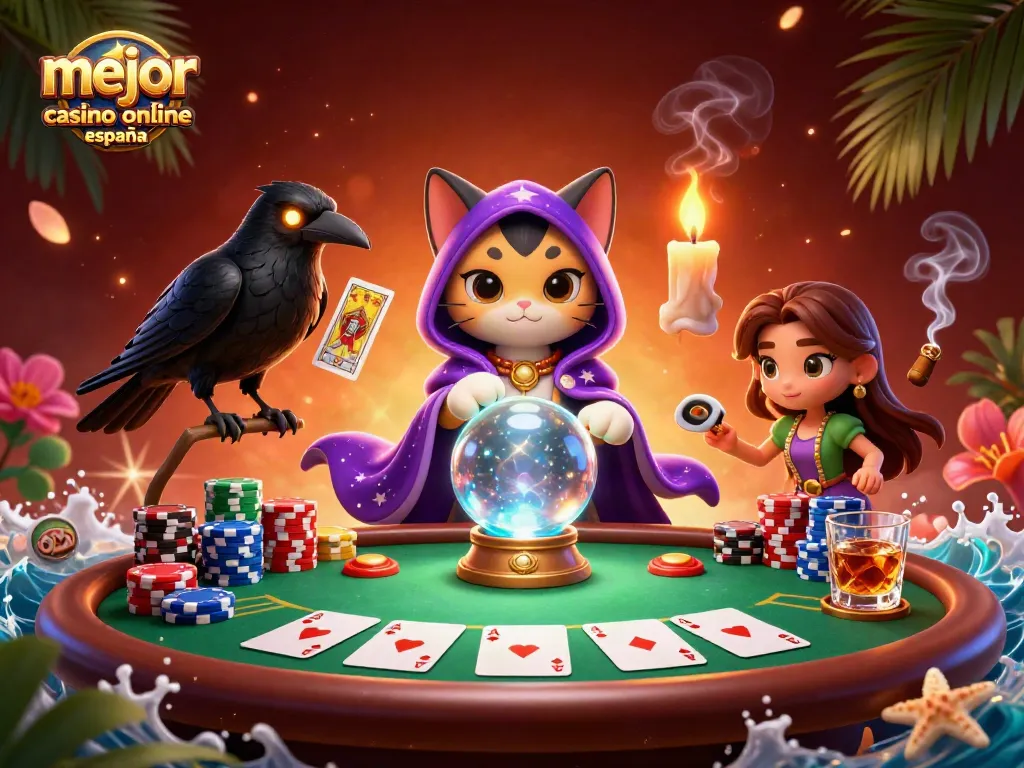 Disfruta del mejor casino online España en esta vibrante ilustración de póker con personajes místicos.