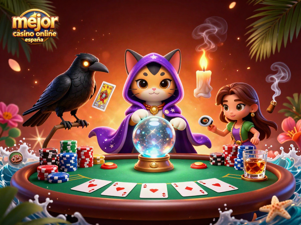 Disfruta del mejor casino online España en esta vibrante ilustración de póker con personajes místicos.
