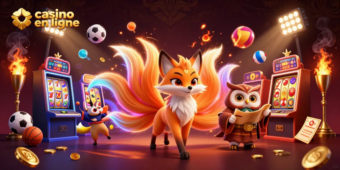 Jouer au casino en ligne avec un esprit renard coloré et des ballons flottants dans une illustration vibrante.