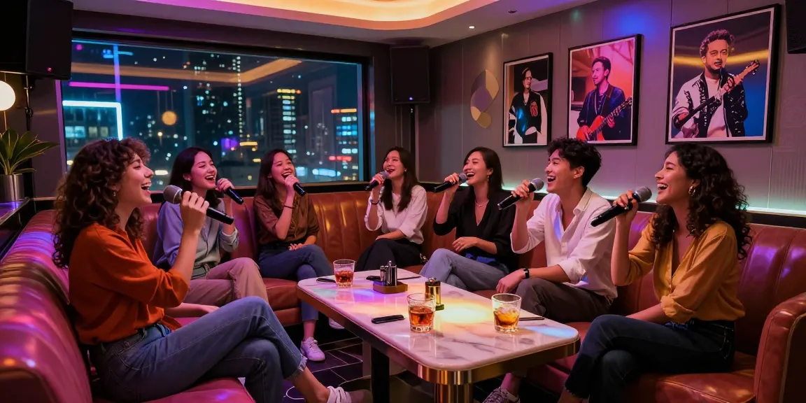 Enjoy a lively night out at https://www.gangnamtune.com/ in a vibrant karaoke bar filled with colorful lights and stylish decor.