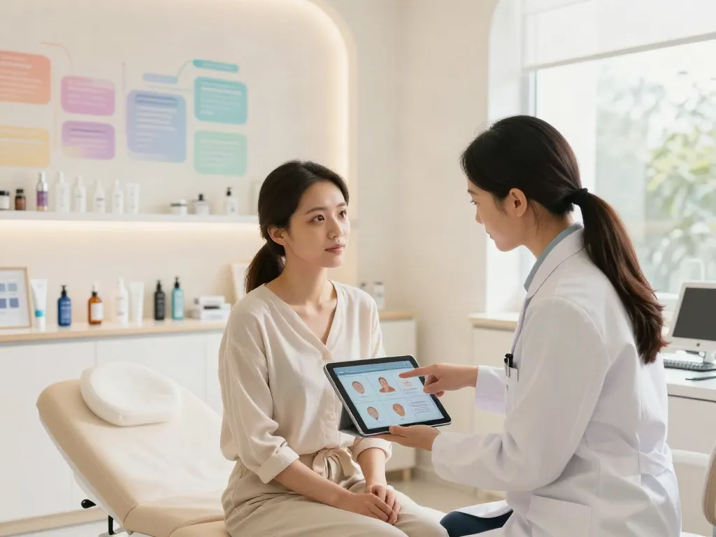 Augenringe entfernen: Dermatologe berät Patientin in modernem Behandlungsraum.