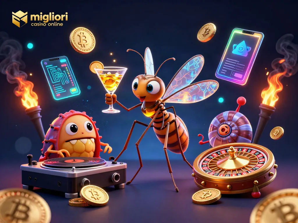 Esplora i migliori casino online con un insetto mascotte e DJ, circondati da monete e elementi di gioco.