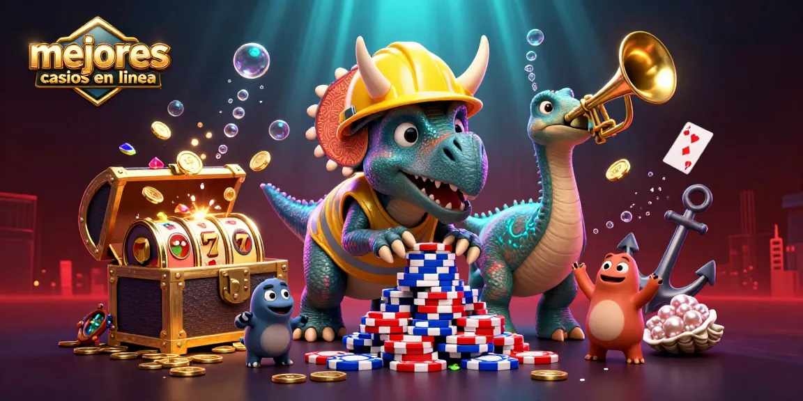 Descubre los mejores casinos en línea en una escena festiva con dinosaurios y elementos de juego vibrantes.
