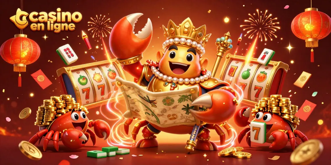 Le crabe empereur en or massif, symbole du casino en ligne, festoyant avec des pièces dorées et des jeux.