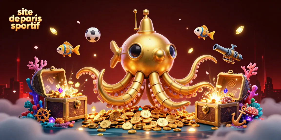 Plongez dans le monde du site de paris sportif avec cette scène dynamique d'éléments de jeu et une créature marine.