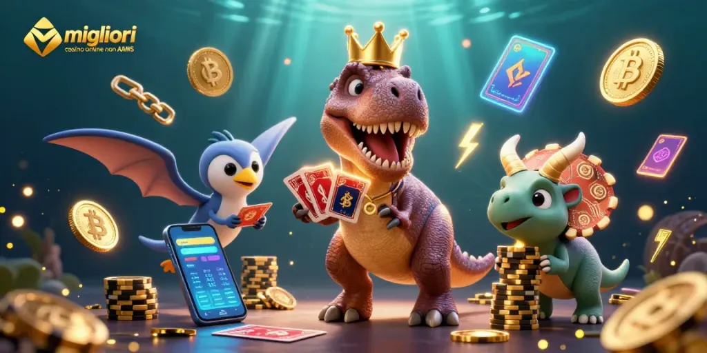 Gioca nei migliori casino online non AAMS con un T-Rex che mescola carte e un Triceratopo che impila chips d'oro.