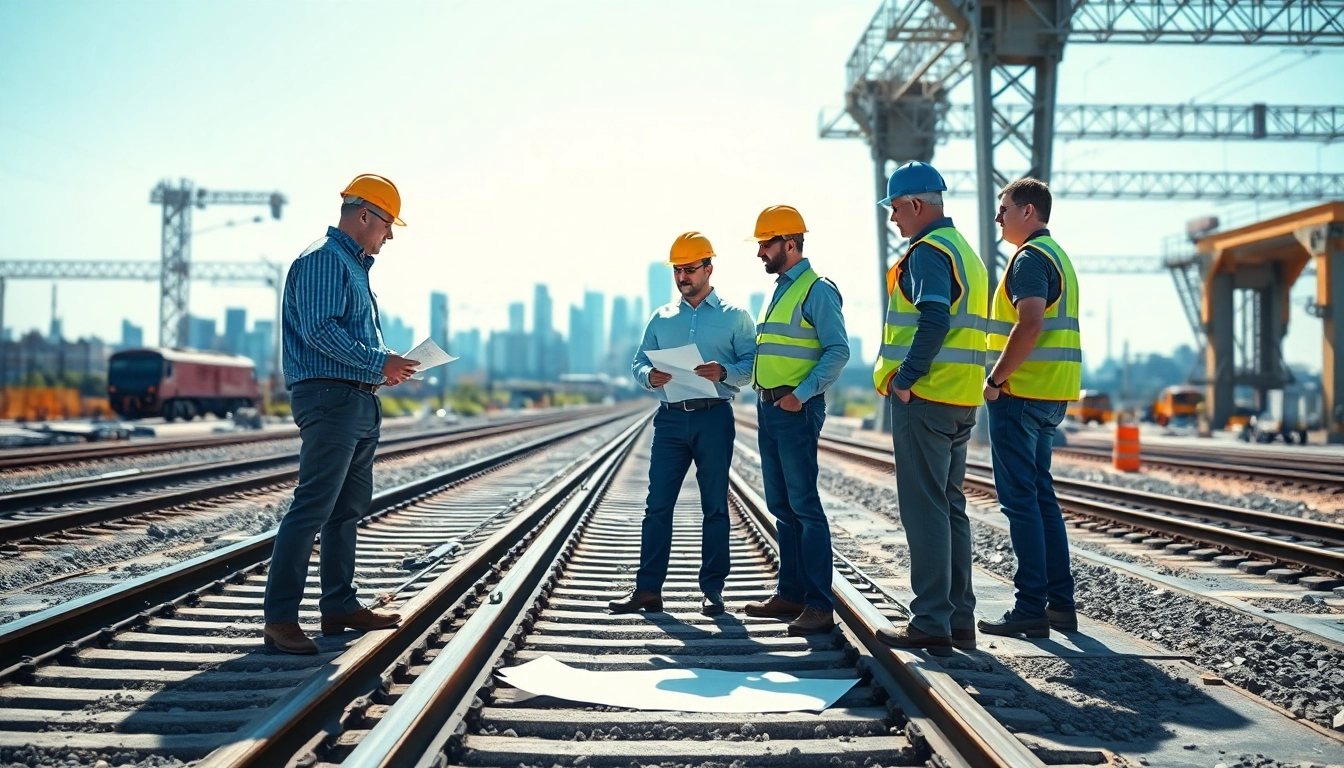 Railroad Design Consultants collaborating on innovative railway project planning in a vibrant setting.