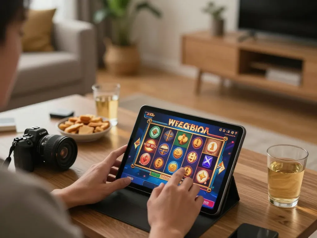 Engaging in online gaming on a tablet, showcasing situs slot gacor options in a cozy setup.