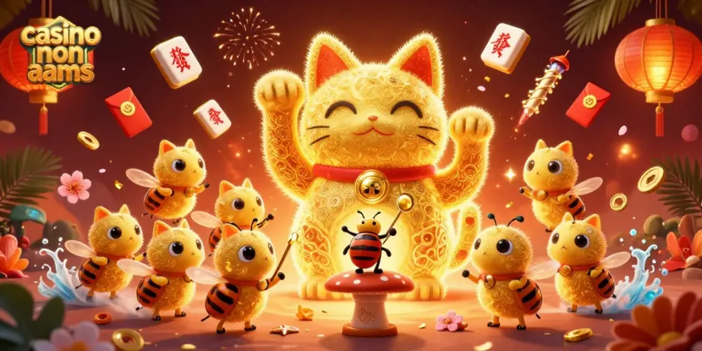 Gioca nei casino non aams con luci brillanti e simboli fortunati in un'illustrazione vivace
