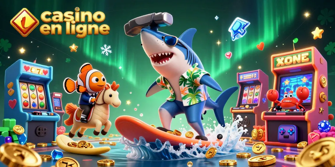 Jouez dans un casino en ligne avec un requin cartoon surfeur entouré de pièces d'or pour le jackpot.