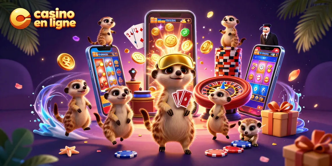 Casino en ligne illustré avec des suricates dirigeant des jeux, de l'argent et des éléments animés.