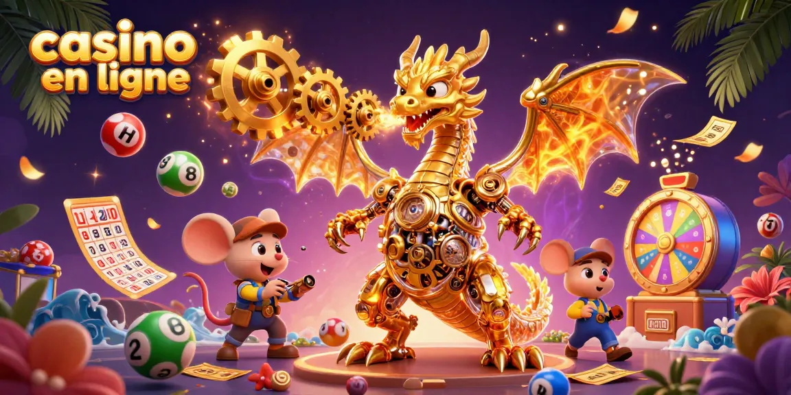 Le casino en ligne innovant, avec un dragon doré et des éléments de jeu colorés, plongez dans l'univers des jeux.
