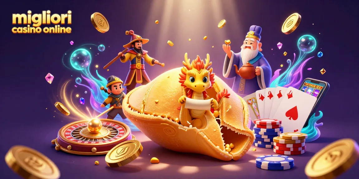 Migliori casinò online in scena magica con un biscotto della fortuna dorato e un drago saggio che legge i suoi destini in un mondo di giochi e fortuna.
