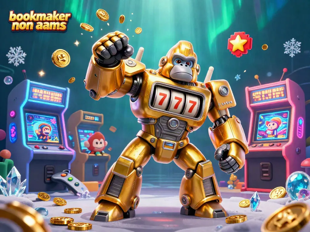 Giocando ai migliori bookmaker non AAMS, un gorilla mech d'oro lancia monete in un'illustrazione vivace.