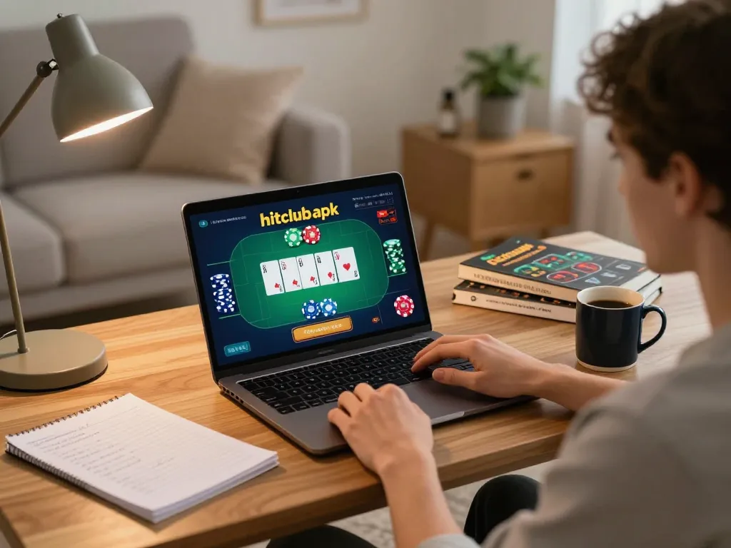 Engaging user strategizing with hitclubapk poker app on laptop in cozy home setting.
