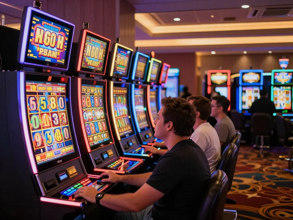 Players engaged at vibrant slot machines, experiencing exciting wins and colorful displays.