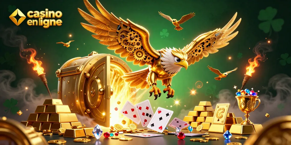 Une scène dynamique de casino en ligne, avec un aigle cybernétique et des cartes à jouer, illuminée par des effets dorés.