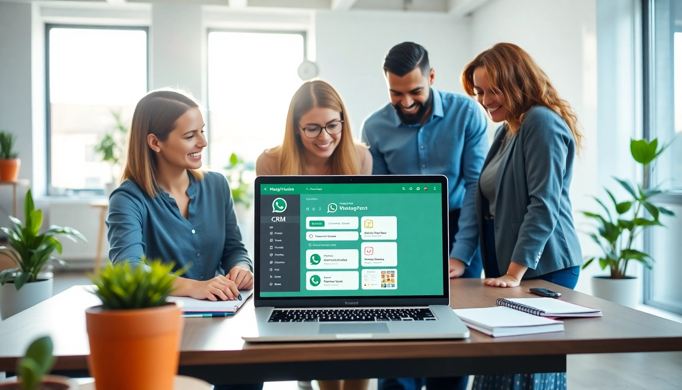 Collaborative team reviewing WhatsApp Business CRM interface in a vibrant office.