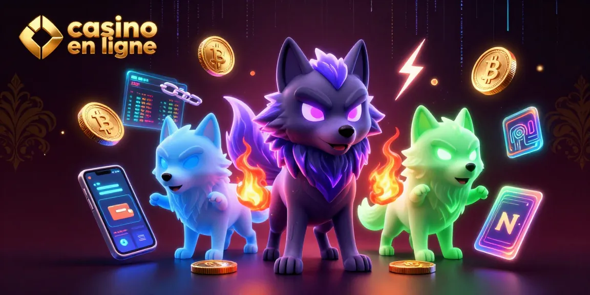 Illustration de casino en ligne avec un loup fantôme et des pièces de crypto-monnaie flottantes.