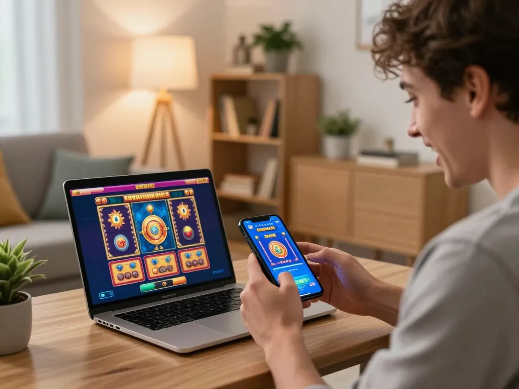 Player enjoying link hargatoto on smartphone while playing slots at home in cozy environment