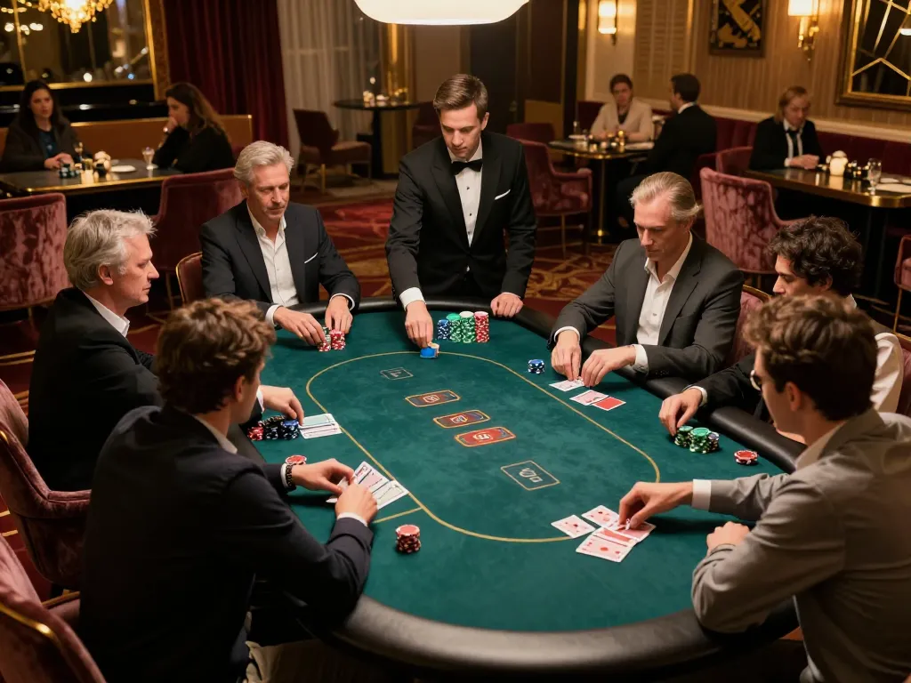 FAFA 828 players engaging in a thrilling poker game within a luxurious casino ambiance.