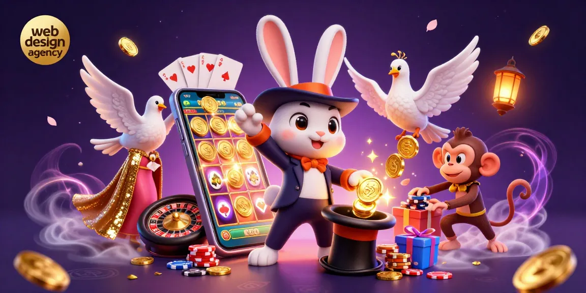 This captivating scene portrays a web design agency-themed illustration with a cartoon magician rabbit pulling in golden coins amidst vibrant casino elements.