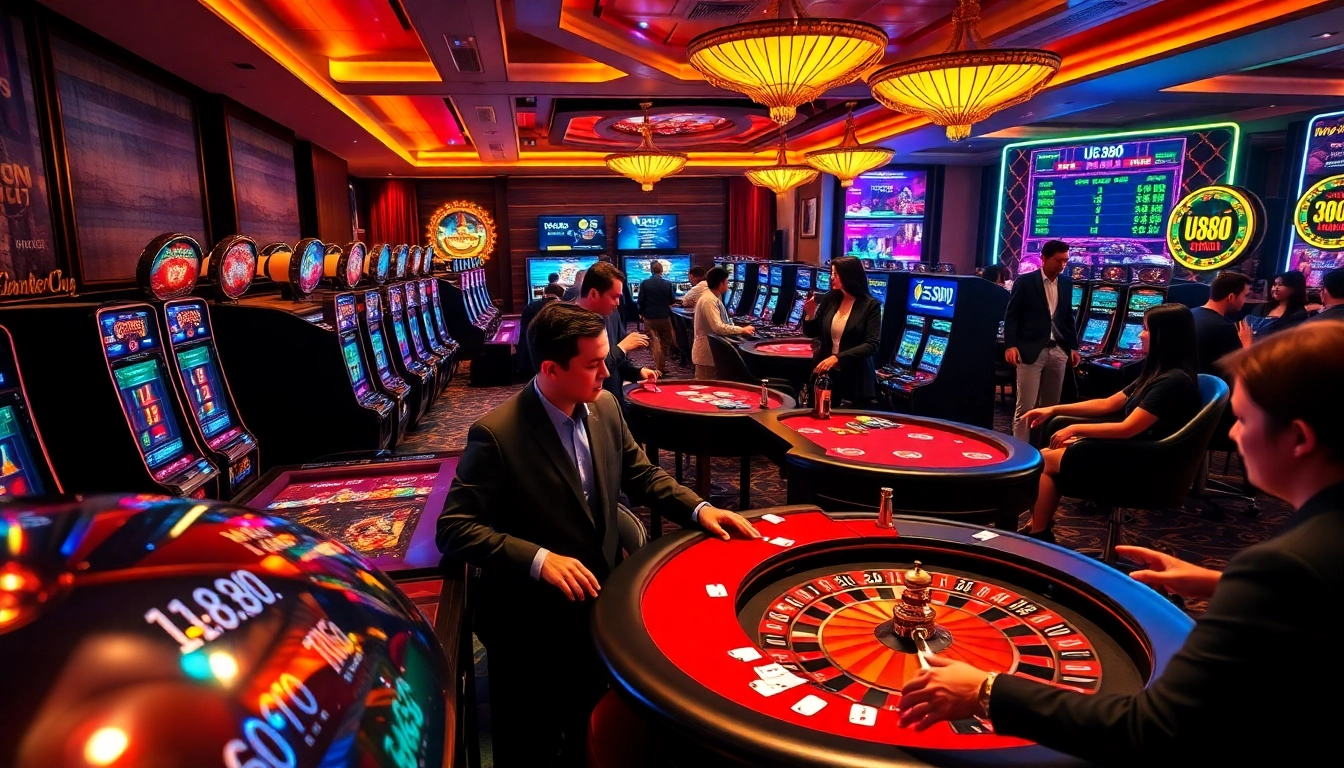 U888 online casino scene showing gamblers at slot machines and poker tables.