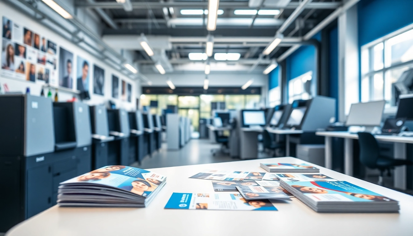 Printers Edmonton Alberta: A modern print shop with vibrant flyers and business cards on display.