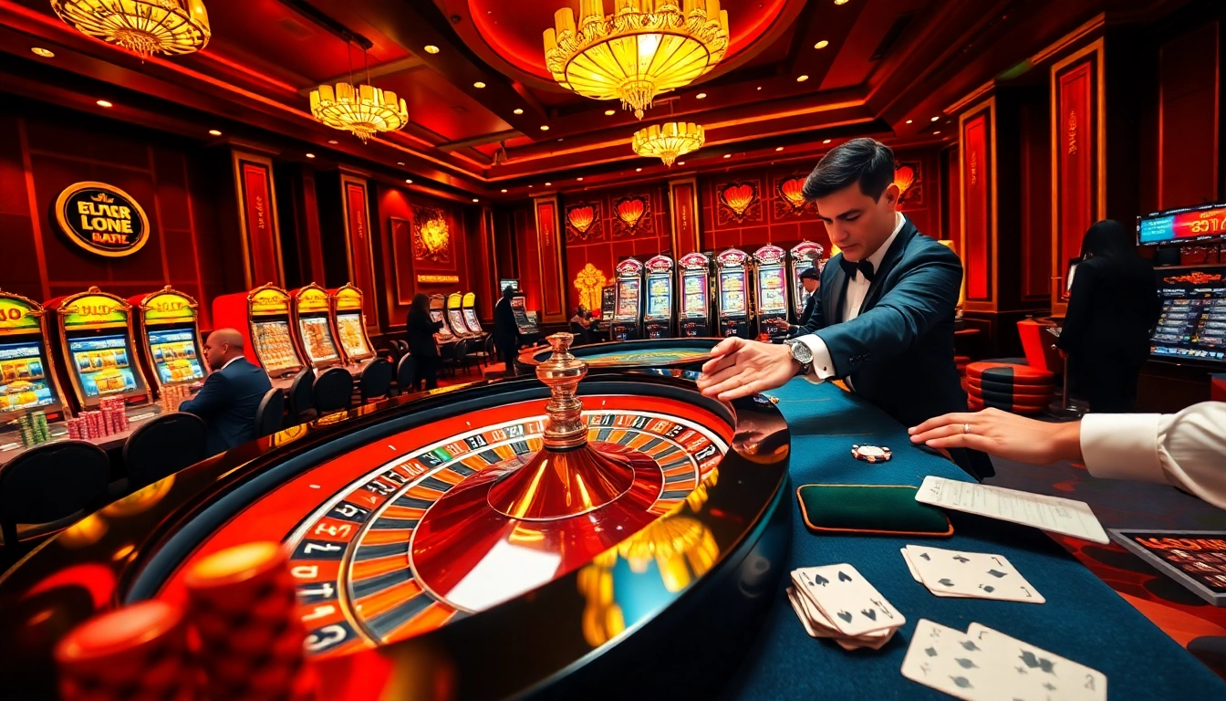 Experience the thrill of gambling at 6RWIN33 COM with an exciting casino scene featuring a roulette table and colorful chips.