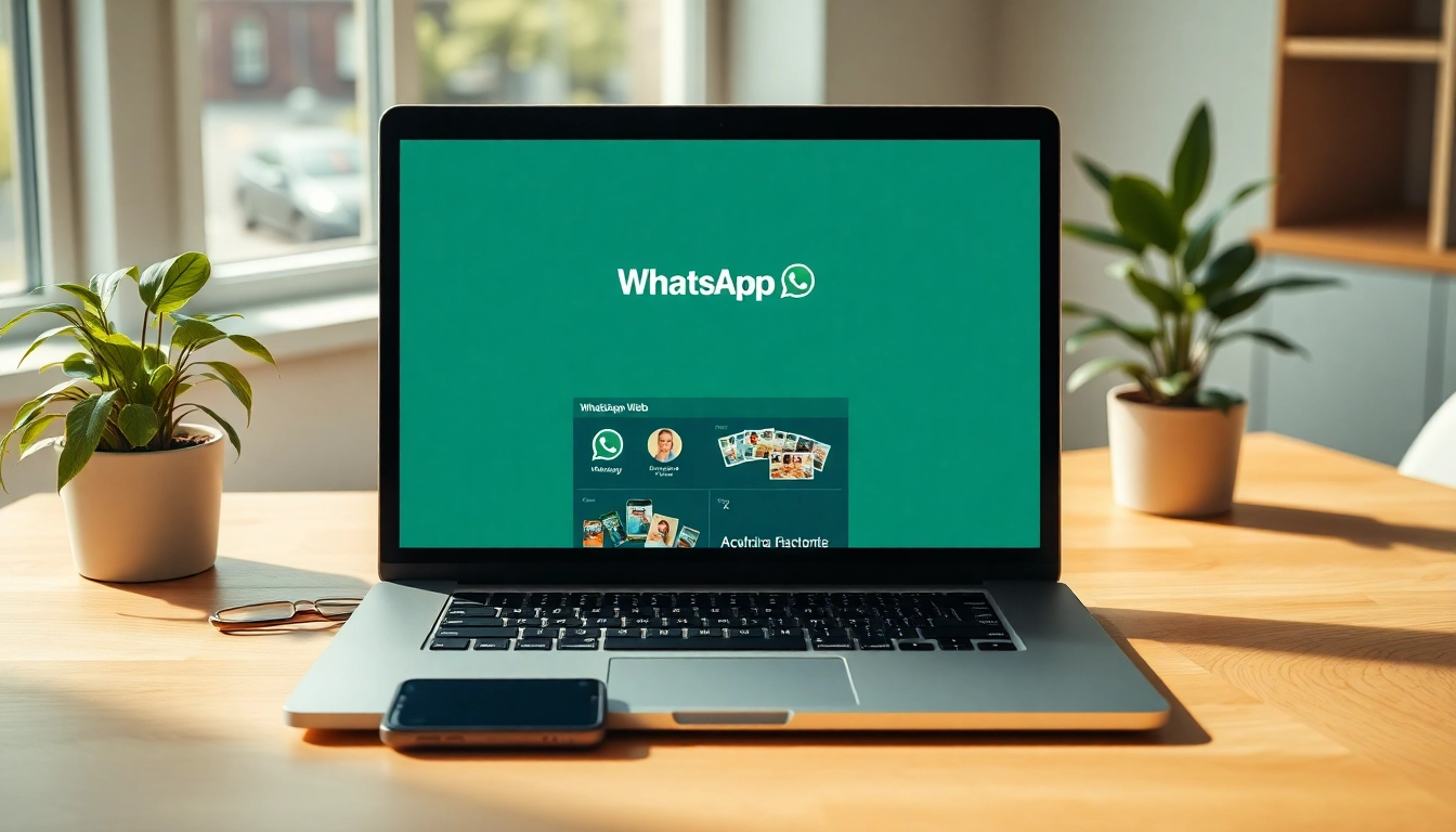 在现代工作区的笔记本电脑上显示的 WhatsApp Web，与智能手机共同呈现无缝通信。