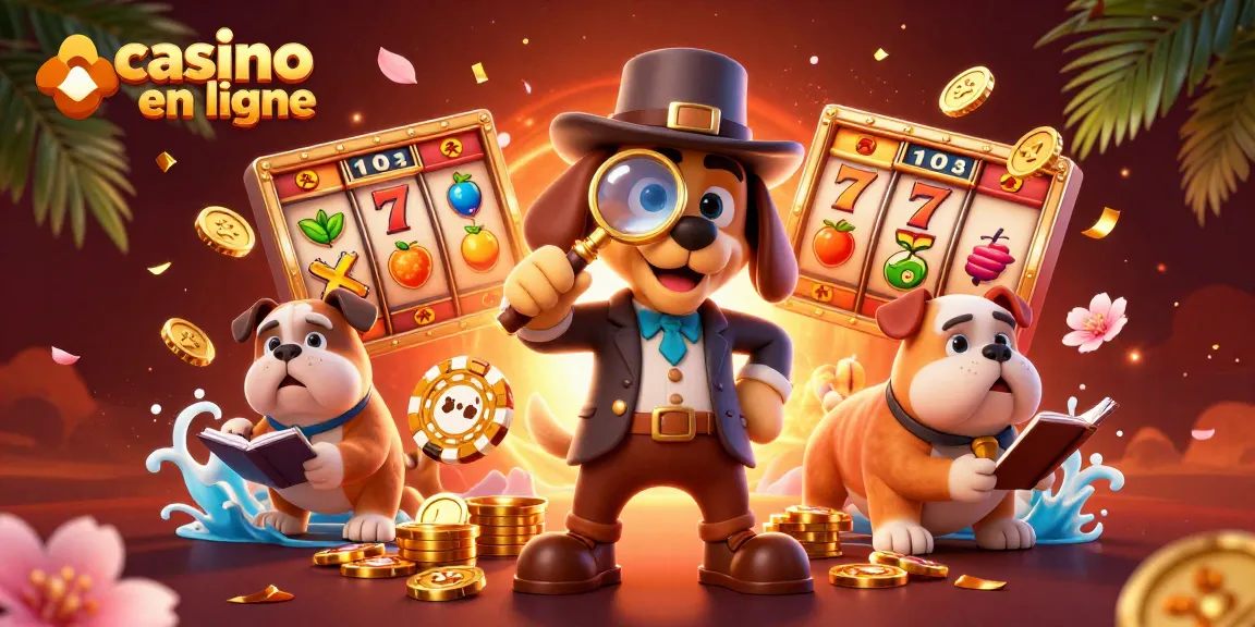 Plonge dans un casino en ligne animé où un chien détective examine des jetons en or.