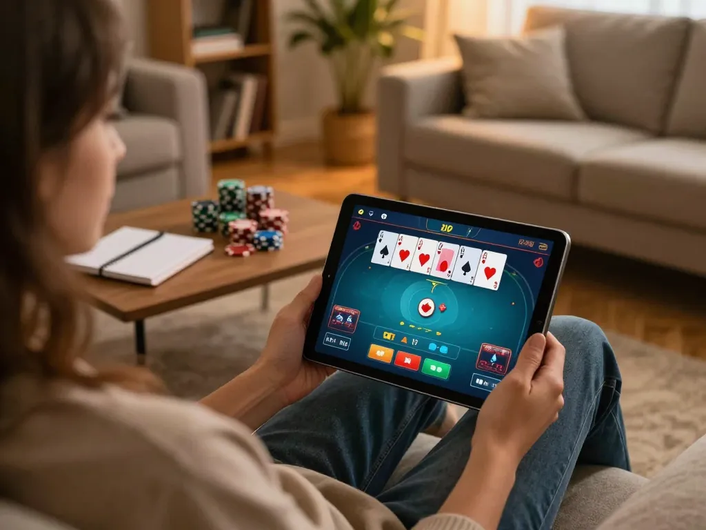 Playing poker online on a tablet in a cozy living room with strategic notes visible