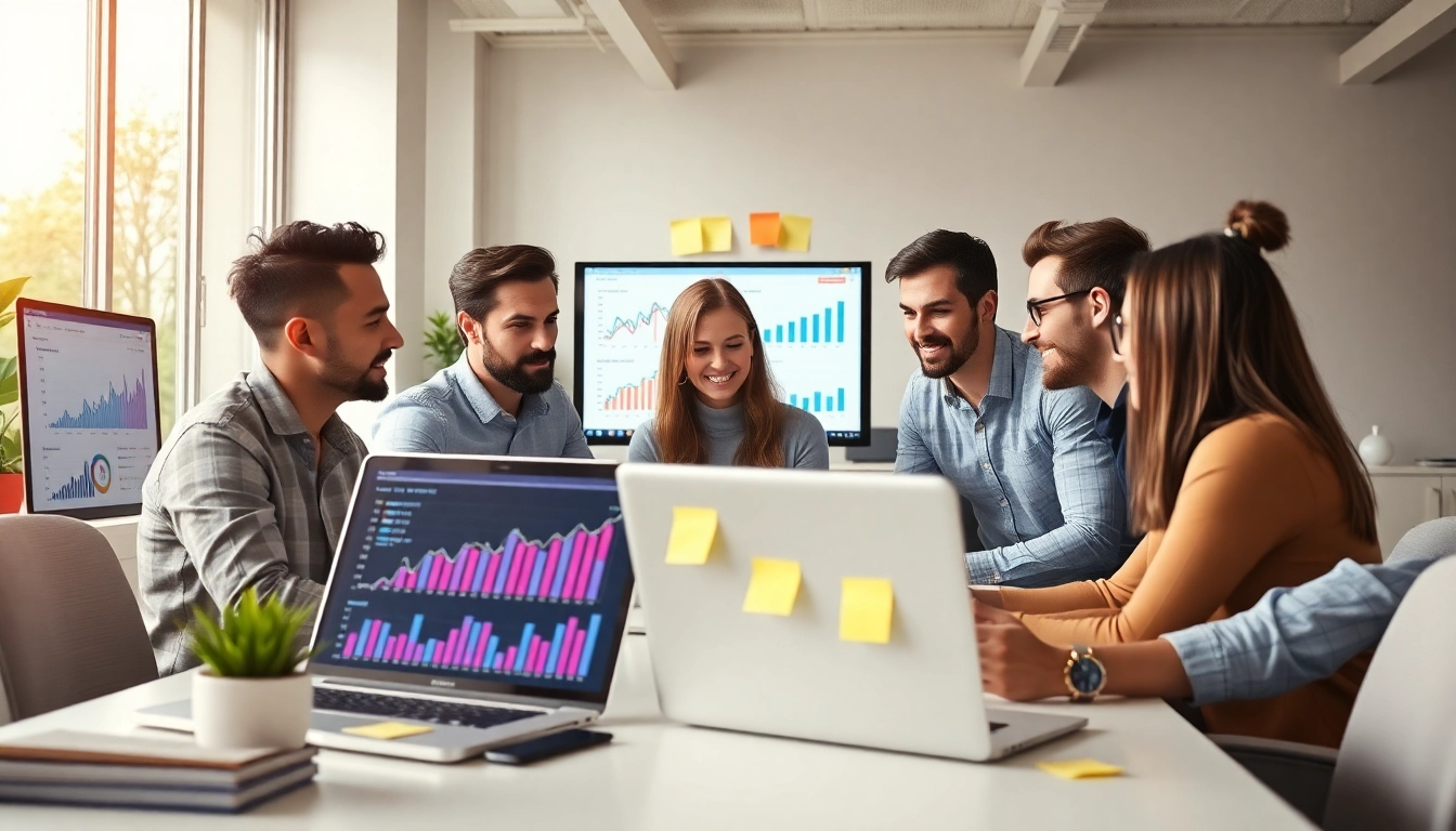 Analyze SEO performance metrics with a dedicated team in a bright office.
